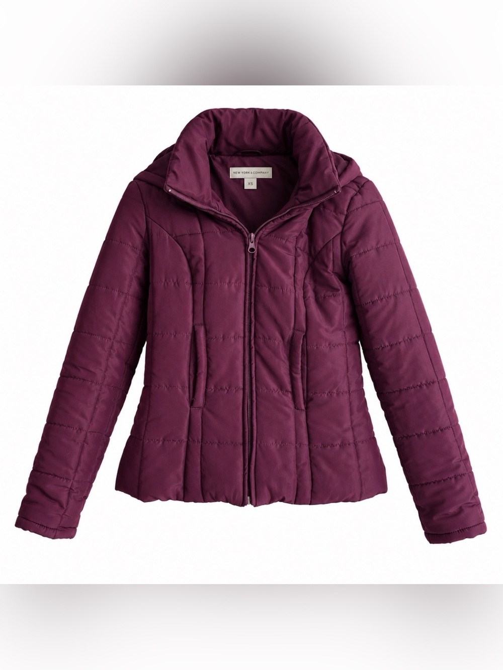New York & Company XS Burgundy Plum Hooded Puffer Jacket Fitted Quilted Coat